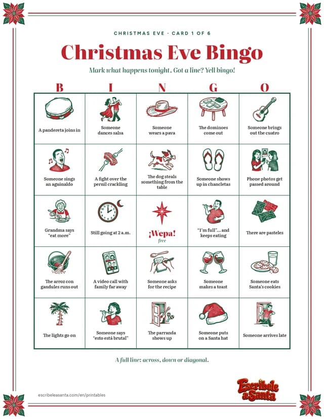 A Christmas Eve Bingo card: 24 squares drawn in red and green with things that happen on Christmas Eve, and a star with ¡Wepa! in the middle.