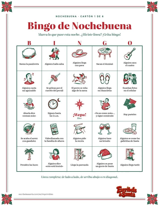 Un cartón del Bingo de Nochebuena: 24 cuadritos dibujados en rojo y verde con cosas que pasan en Nochebuena, y una estrella con ¡Wepa! en el centro.