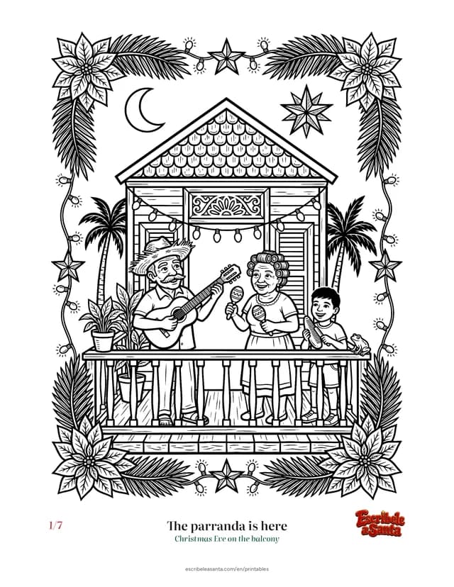 A coloring plate of a parranda on the balcony of a little house: a man in a pava playing the guitar, a woman in rollers with maracas and a boy with a güiro, framed with poinsettias and palm fronds.