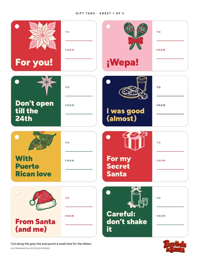 A sheet of eight colorful gift tags, each with a phrase in big letters, like “For you!” and “Don’t open till the 24th”, a small drawing and a white space to write “To” and “From”.
