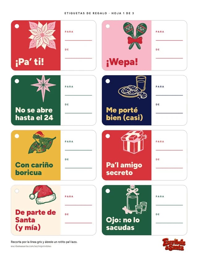 Una hoja con ocho etiquetas de regalo de colores, cada una con una frase en letras grandes, como «¡Pa' ti!» y «No se abre hasta el 24», un dibujito y un espacio blanco pa' escribir «Para» y «De».