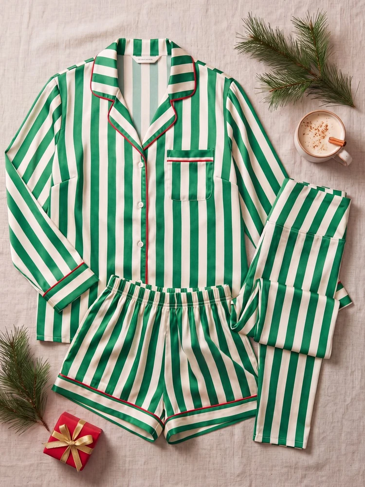 Pijama Rayas de menta · Camisa de manga larga y short